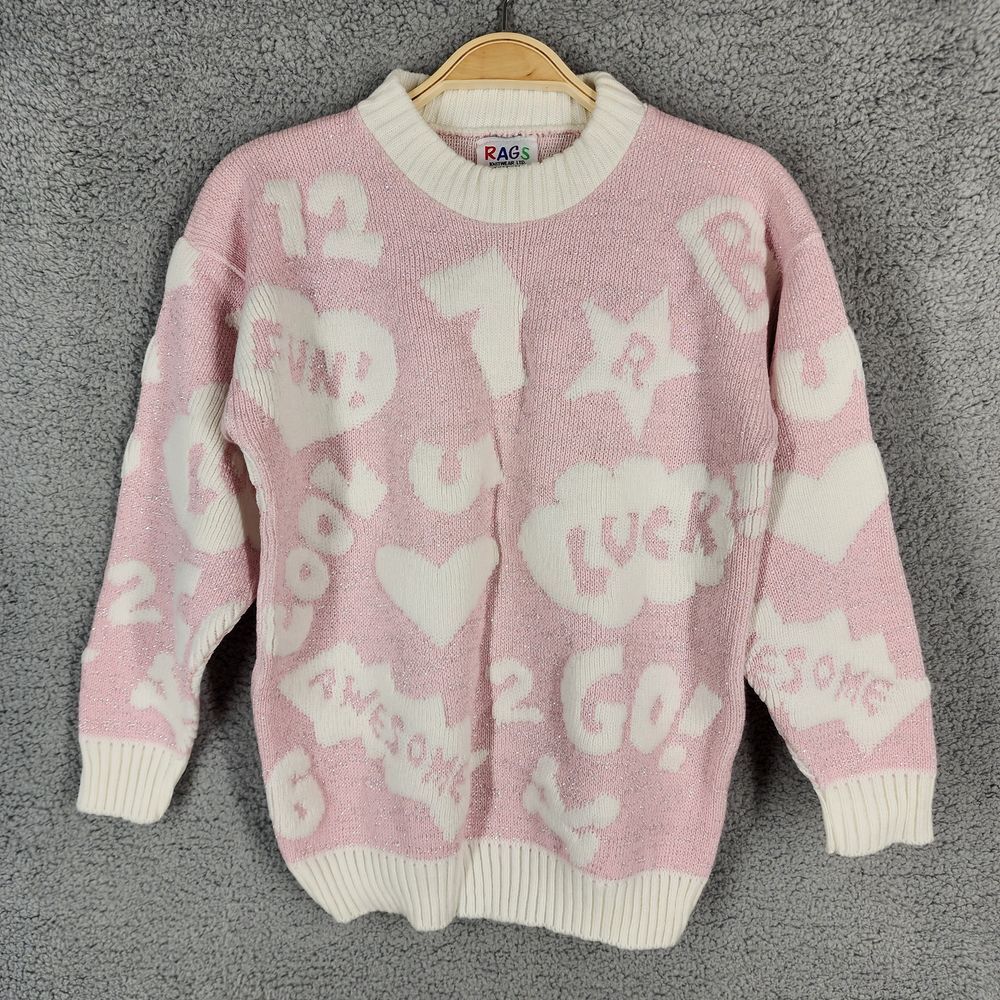 Rags‎ Knitwear LTD Big Girls Medium Graphic Print Knit Sweater Pink White USA